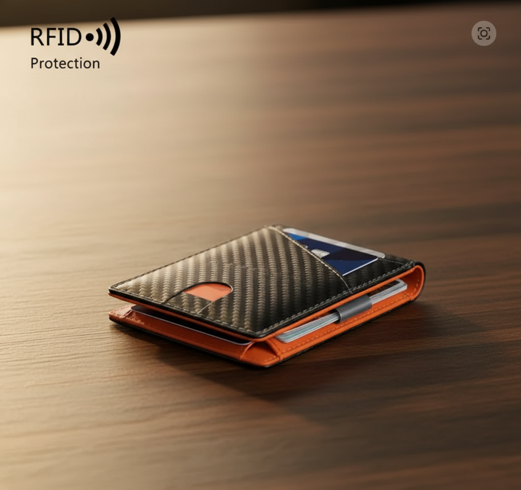 Carbon fiber orange wallet with RFID protection on a white background
