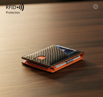 Carbon fiber orange wallet with RFID protection on a white background