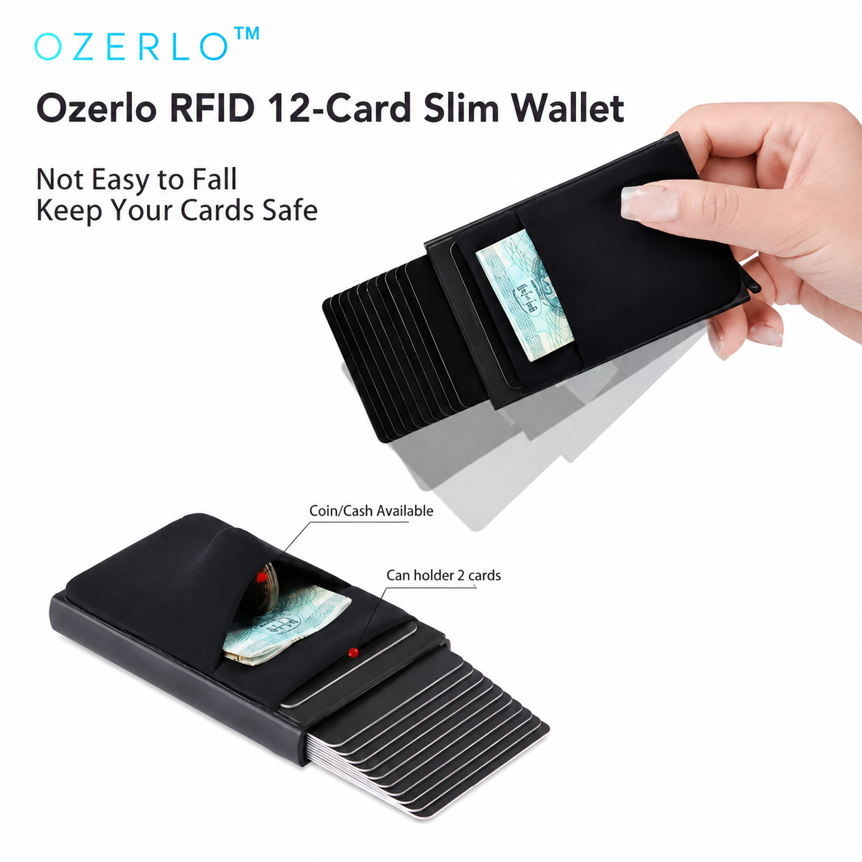 Ozerlo RFID 12-Card Slim Wallet in hand of a woman  