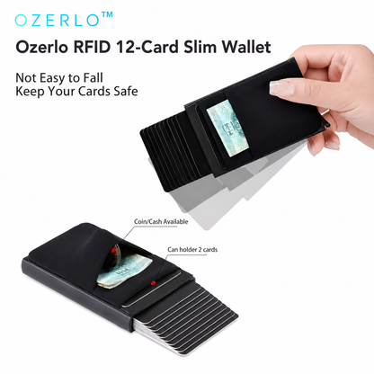 Ozerlo RFID 12-Card Slim Wallet in hand of a woman  