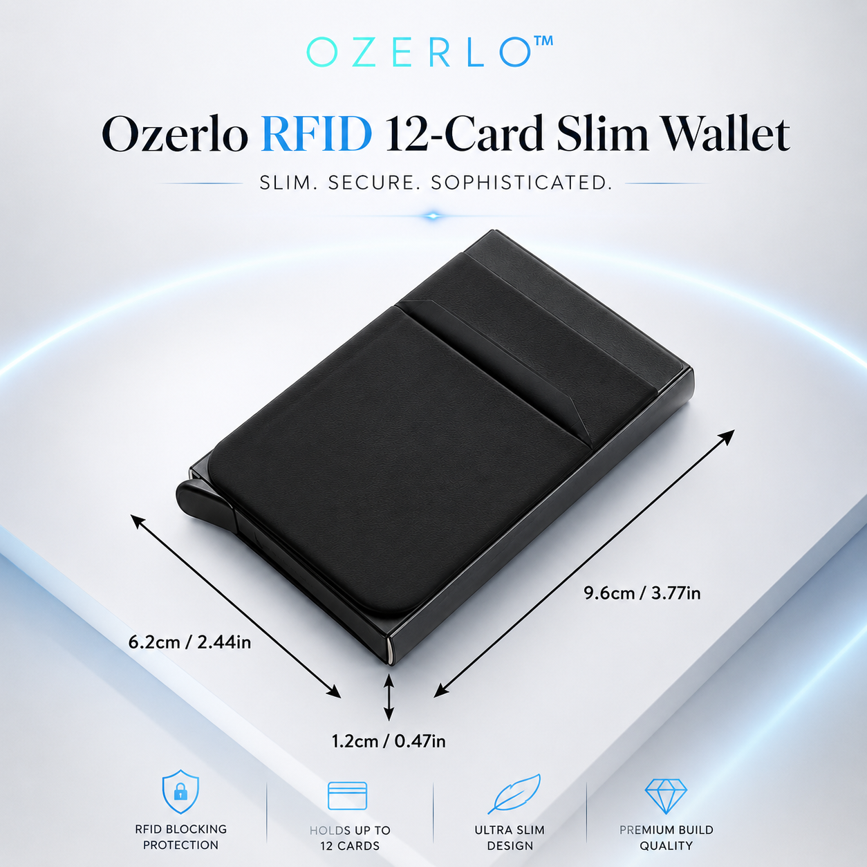 Ozerlo RFID 12-Card Slim Wallet on white table with dimensions