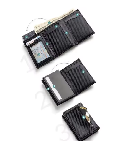 Black carbon fiber wallet with card slots and cash compartment on a white background