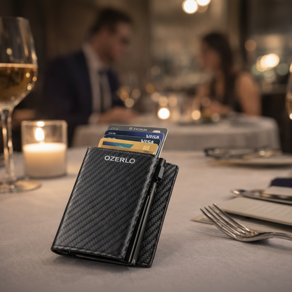 Ozerlo_SlideGuard_ carbon FiberWallet_Executive with cards on a table setting with wine glasses and candles