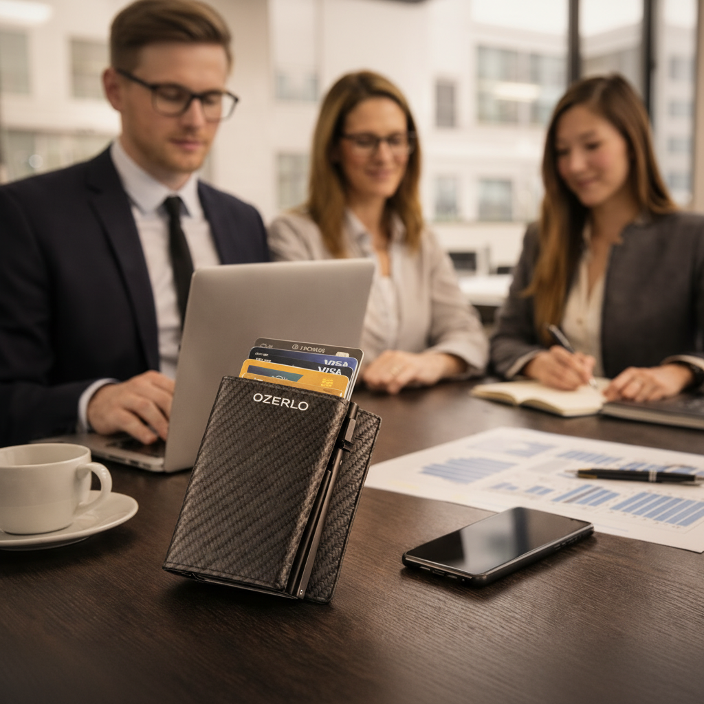 Business professionals working at a desk with Ozerlo products.