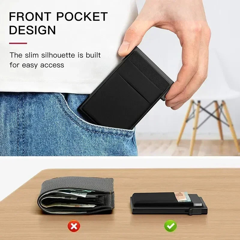 Black wallet being placed into a front pocket with text about its design.