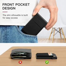 Load image into Gallery viewer, Black wallet being placed into a front pocket with text about its design.