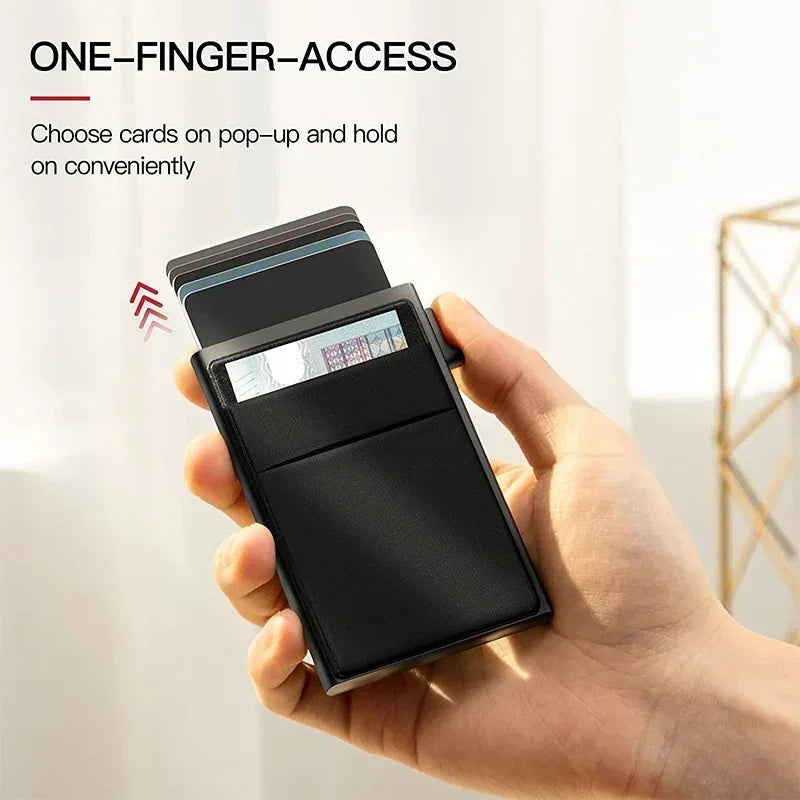 Hand holding a black cardholder with cards on a white background, featuring text about one-finger access.