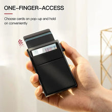 Load image into Gallery viewer, Hand holding a black cardholder with cards on a white background, featuring text about one-finger access.