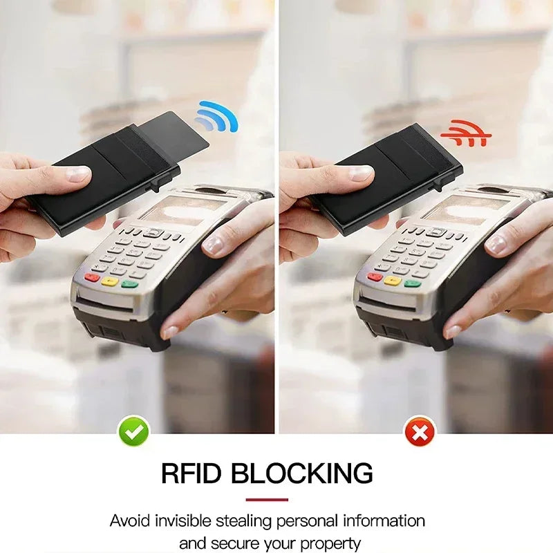 Two images showing RFID blocking card cases being used with a payment terminal, one with a green checkmark and the other with a red cross.