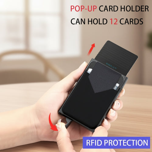 Black pop-up card holder with text indicating it can hold 12 cards and offers RFID protection.