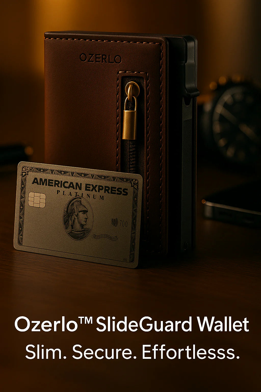 Brown SlideGuard wallet with American Express card on a dark surface, featuring Ozerlo branding.