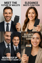 Load image into Gallery viewer, People holding wallets with text about wallet design and features