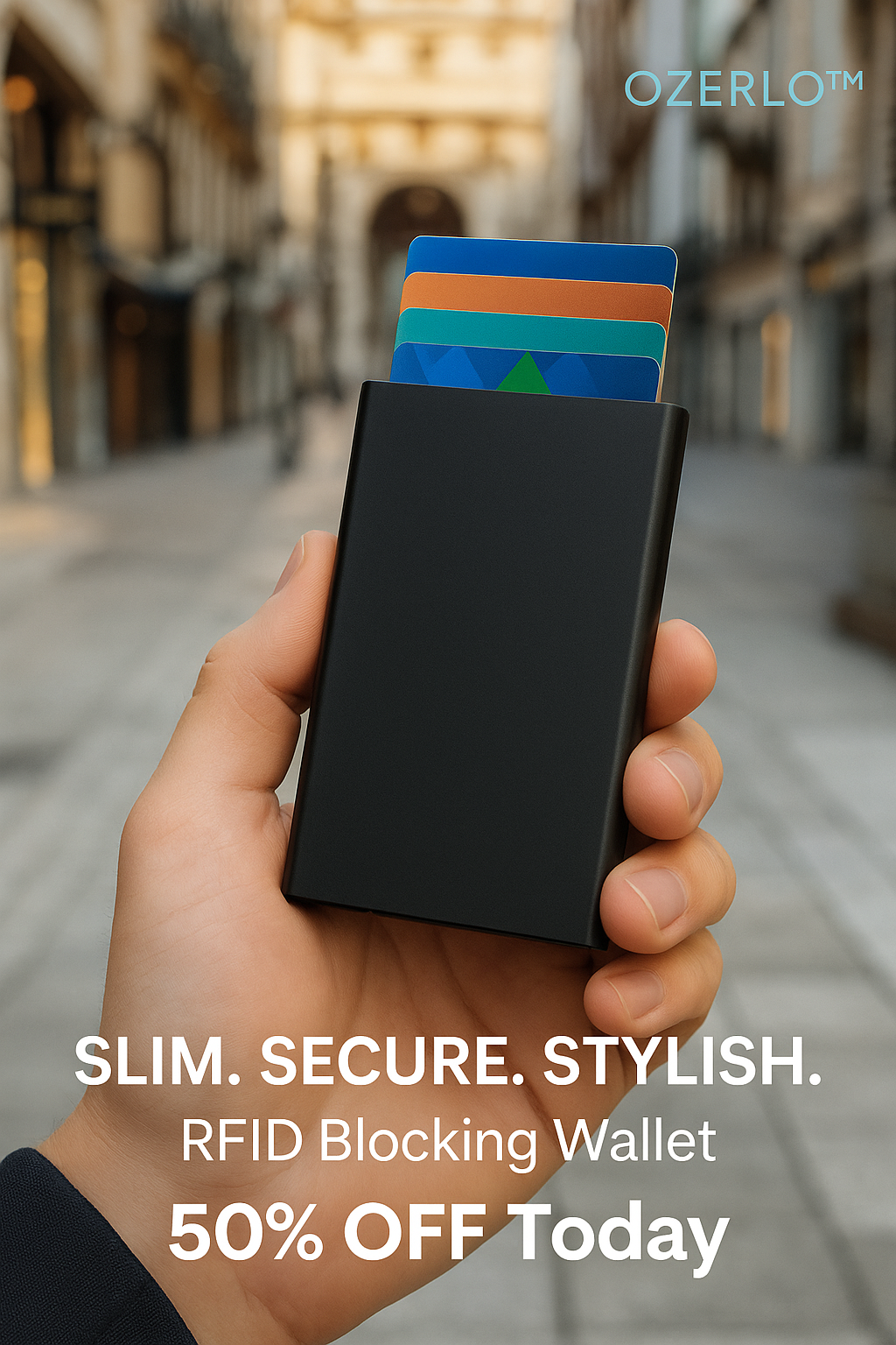 Hand holding a black RFID blocking wallet with colorful cards on a blurred city street background