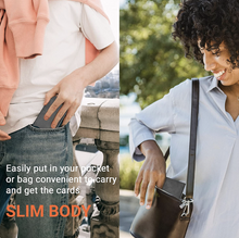 Load image into Gallery viewer, Person holding a phone in a pocket and a woman with a handbag outdoors, with text about a slim body product.