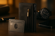Load image into Gallery viewer, Black wallet with American Express card on a wooden surface