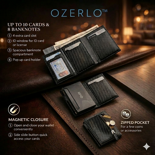 Ozerlo wallet with features highlighted on a wooden surface