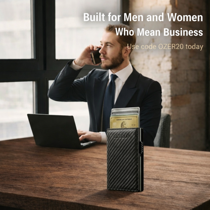 Man in a suit using a laptop with a cardholder on a table, promotional text overlay.