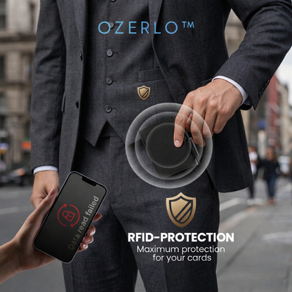 Person holding a phone with a cardholder, showcasing Ozerlo RFID-protection technology.