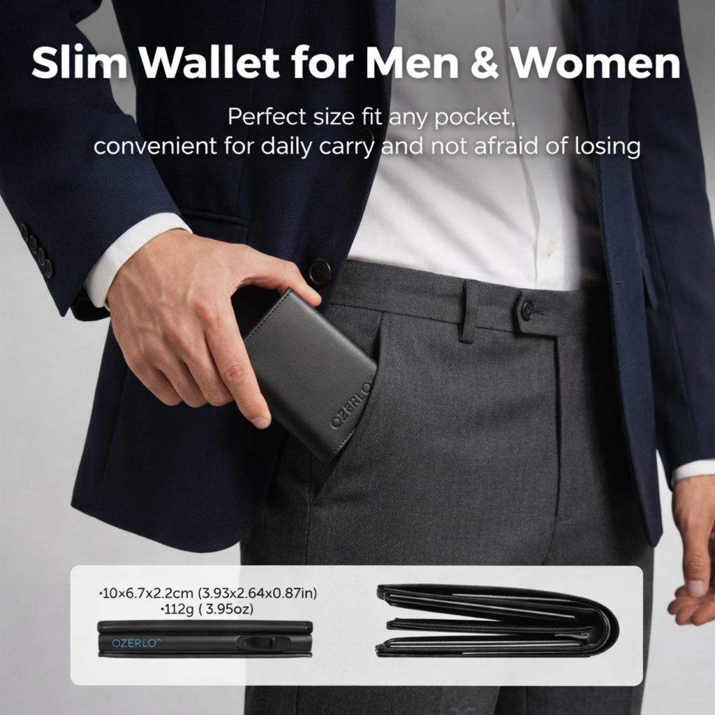 Person in suit holding a slim wallet with product details on a gray background