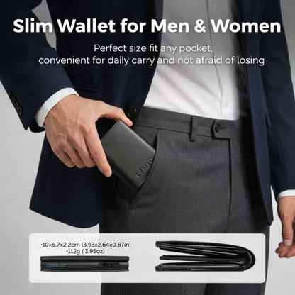 Person in suit holding a slim wallet with product details on a gray background