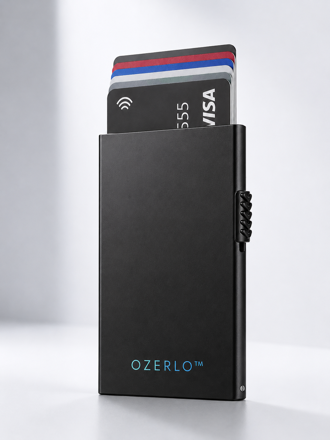 Ozerlo SlimPocket Wallet black slim metal card holder with quick access cards on a light background
