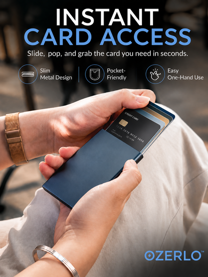 Ozerlo SlimPocket Wallet quick access card holder with slim metal design and easy one-hand use