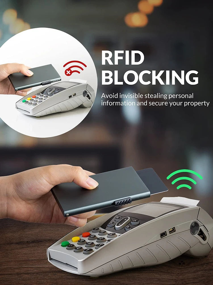 Ozerlo SlimPocket Wallet with RFID blocking protection near a payment terminal