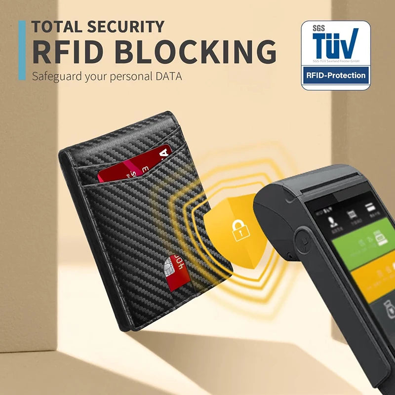 RFID blocking wallet with card and smartphone on a beige background, featuring TöV logo.