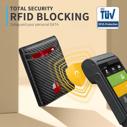 RFID blocking wallet with card and smartphone on a beige background, featuring TöV logo.
