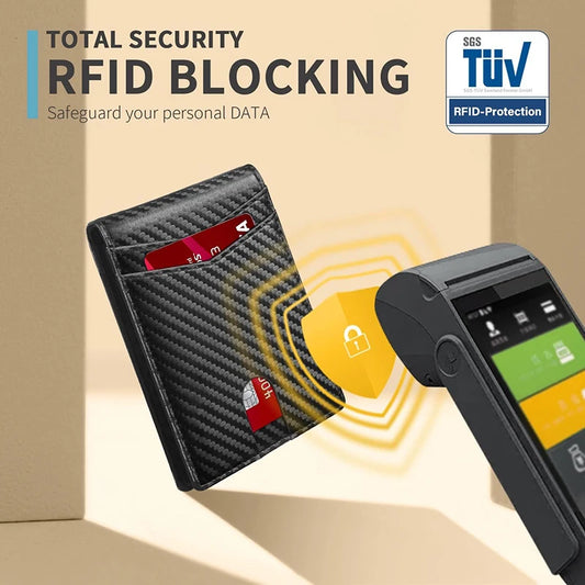 RFID blocking wallet with card and smartphone on a beige background, featuring TöV logo.