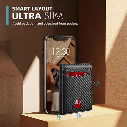 Smart phone case with carbon fiber design and brand logo, placed on a wooden surface.