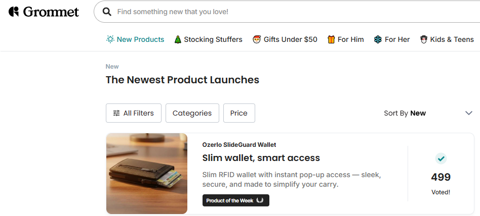 Gromnet product page with a Slim RFID wallet on a white background