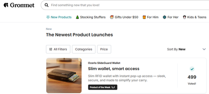 Gromnet product page with a Slim RFID wallet on a white background