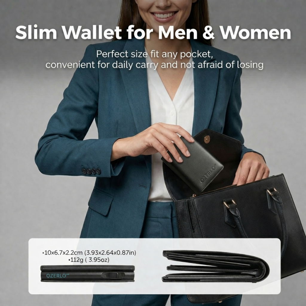 Person holding a slim wallet with product details on a gray background