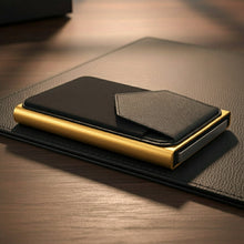 Load image into Gallery viewer, A gold Men &amp; Women Luxury Wallet by Ozerlo displayed with cards and cash, emphasizing its compact and slim design.