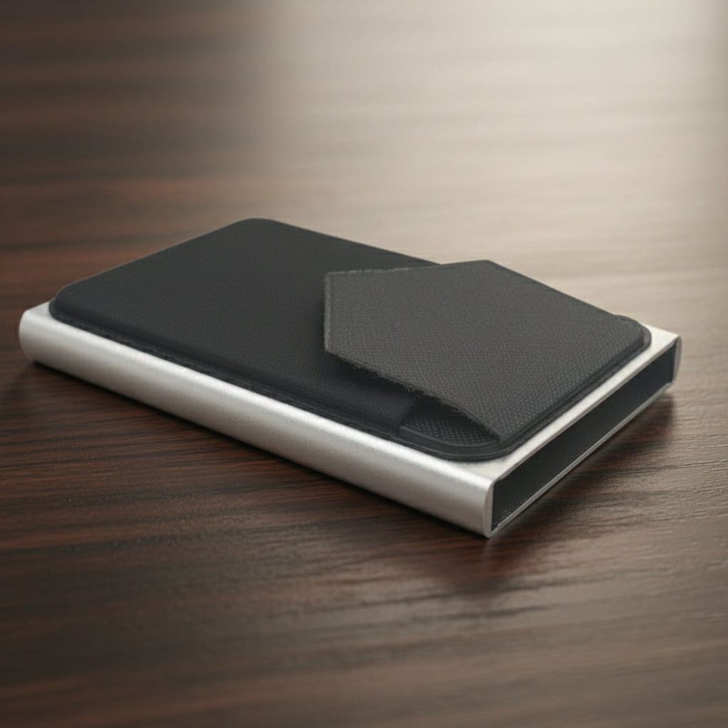 A silver  Men & Women Luxury Wallet by Ozerlo displayed with cards and cash, emphasizing its compact and slim design.