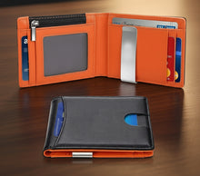 Load image into Gallery viewer, Orange wallet with card slots on a wooden surface