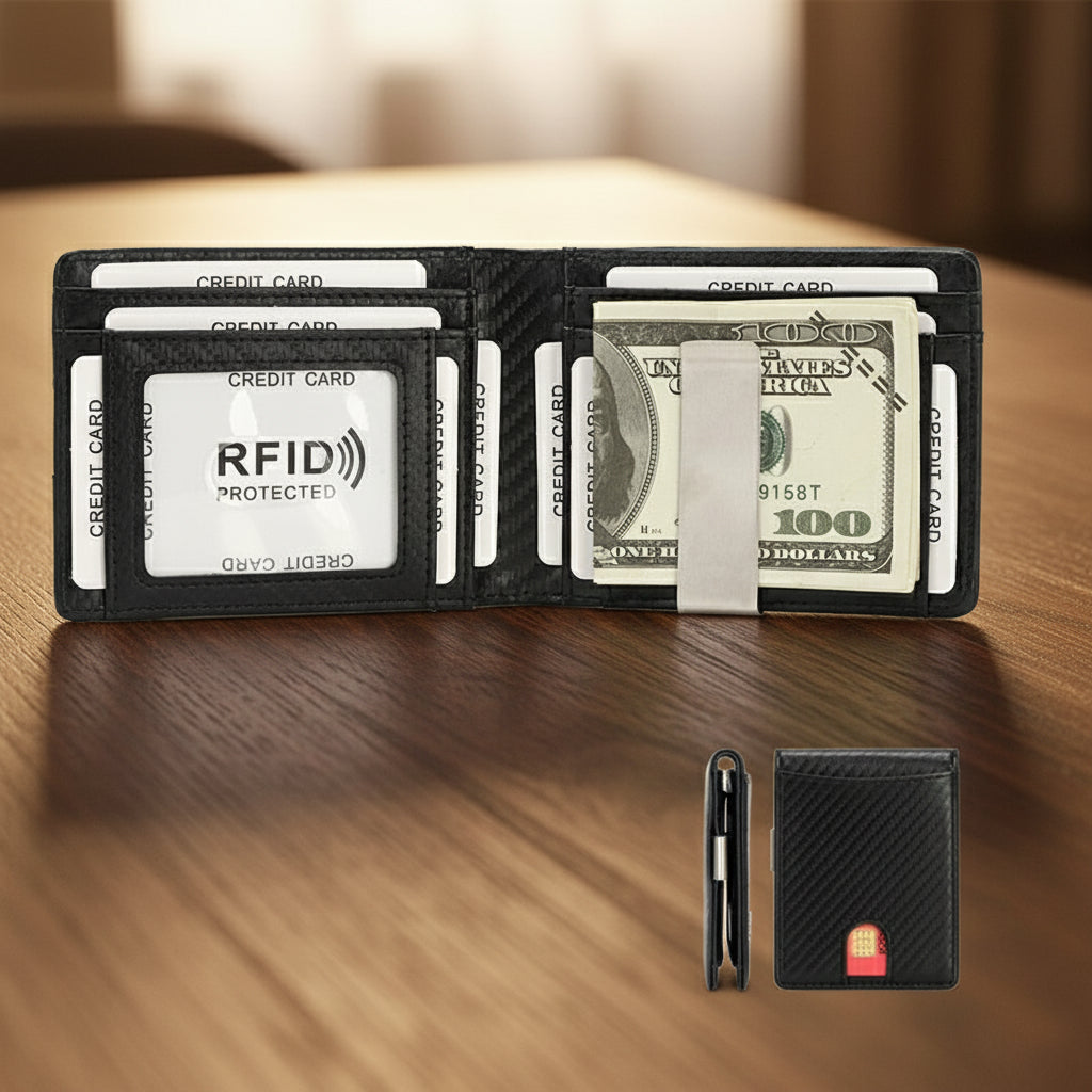 Black wallet with card slots and money clip on a wooden surface, with a blurred background.