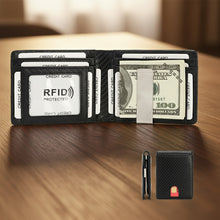 Load image into Gallery viewer, Black wallet with card slots and money clip on a wooden surface, with a blurred background.