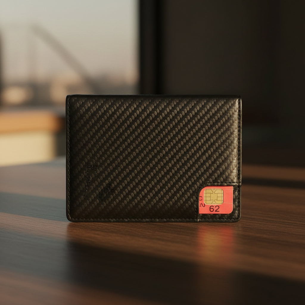 Carbon fiber texture wallet with a red and yellow card on a wooden surface