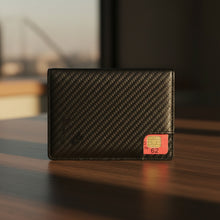 Load image into Gallery viewer, Carbon fiber texture wallet with a red and yellow card on a wooden surface