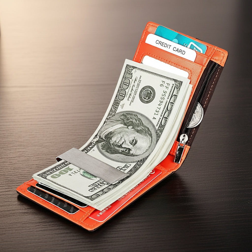 Orange wallet with money and credit card on a wooden surface