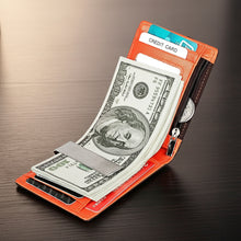 Load image into Gallery viewer, Orange wallet with money and credit card on a wooden surface