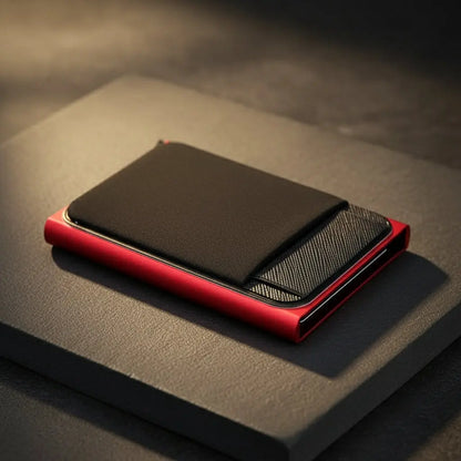 Red and black wallet on a white background