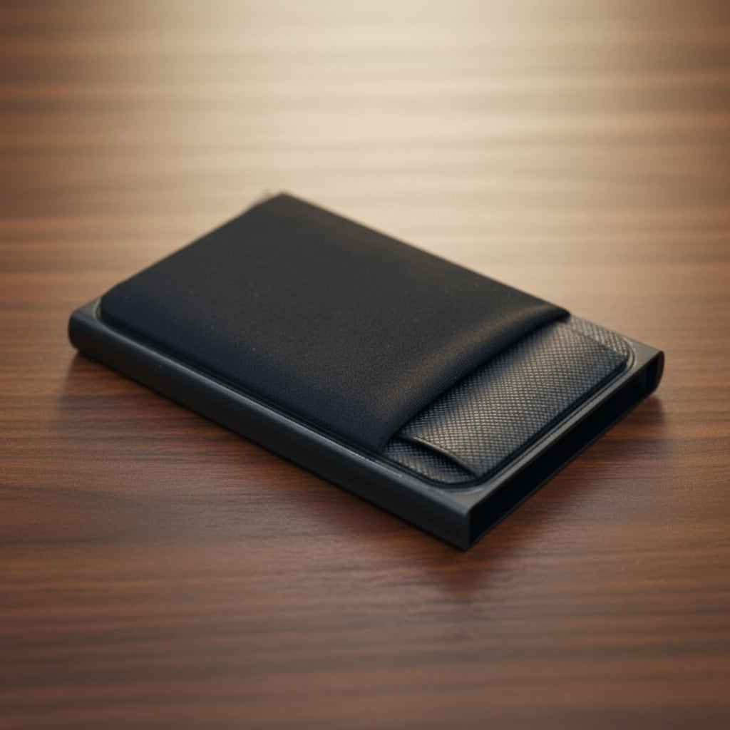 Black leather wallet on a wooden surface
