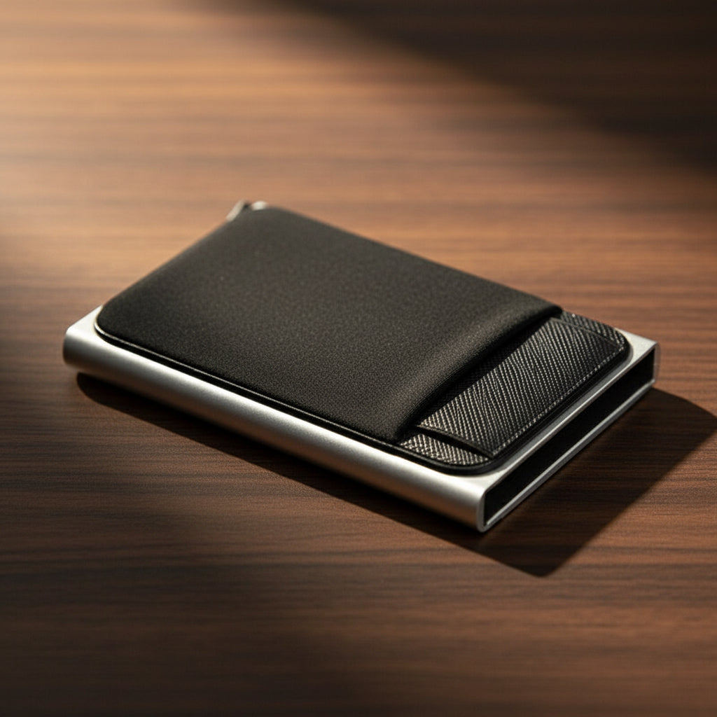 Black leather wallet with metallic accents on a wooden surface