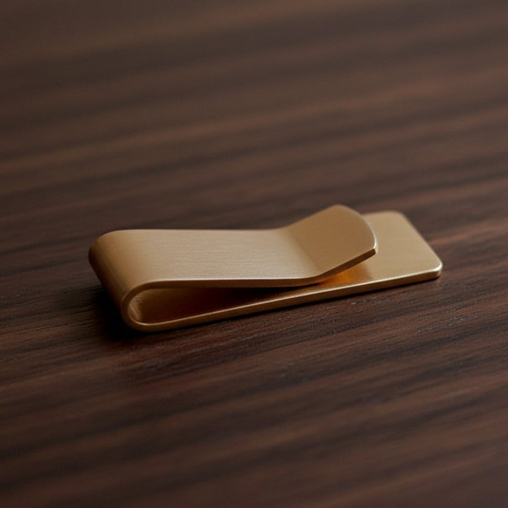 Gold money clip on a textured black surface